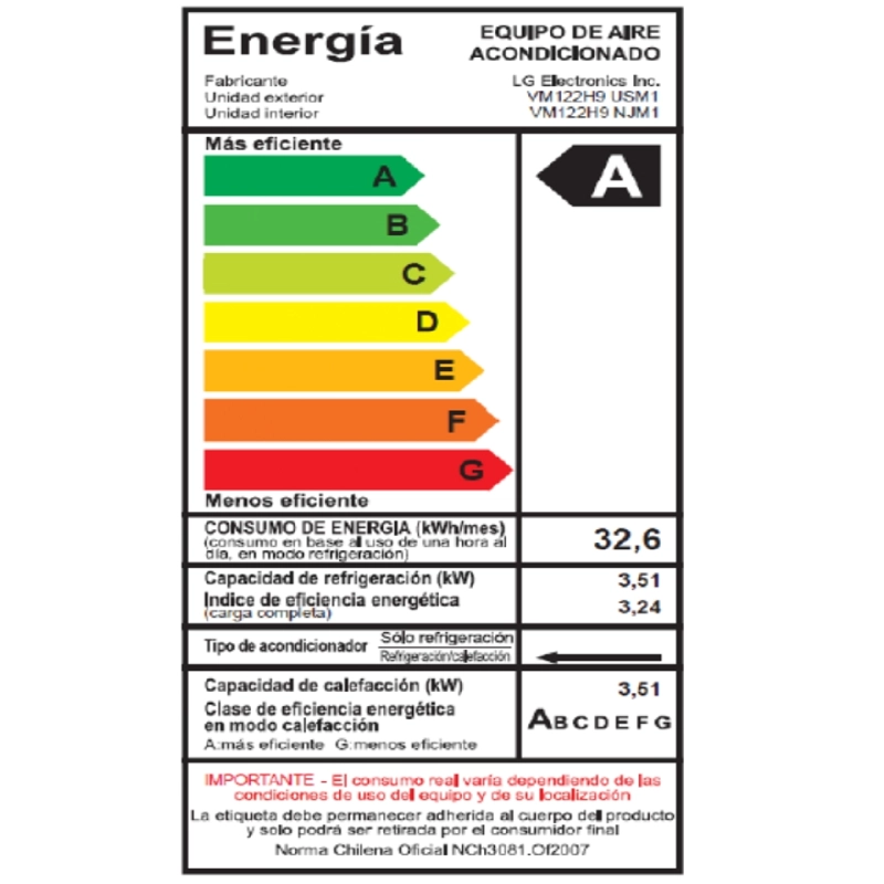 AIRE ACONDICIONADO LG SPLIT DUALCOOL INVERTER 12000 BTU VM122H9 - 9