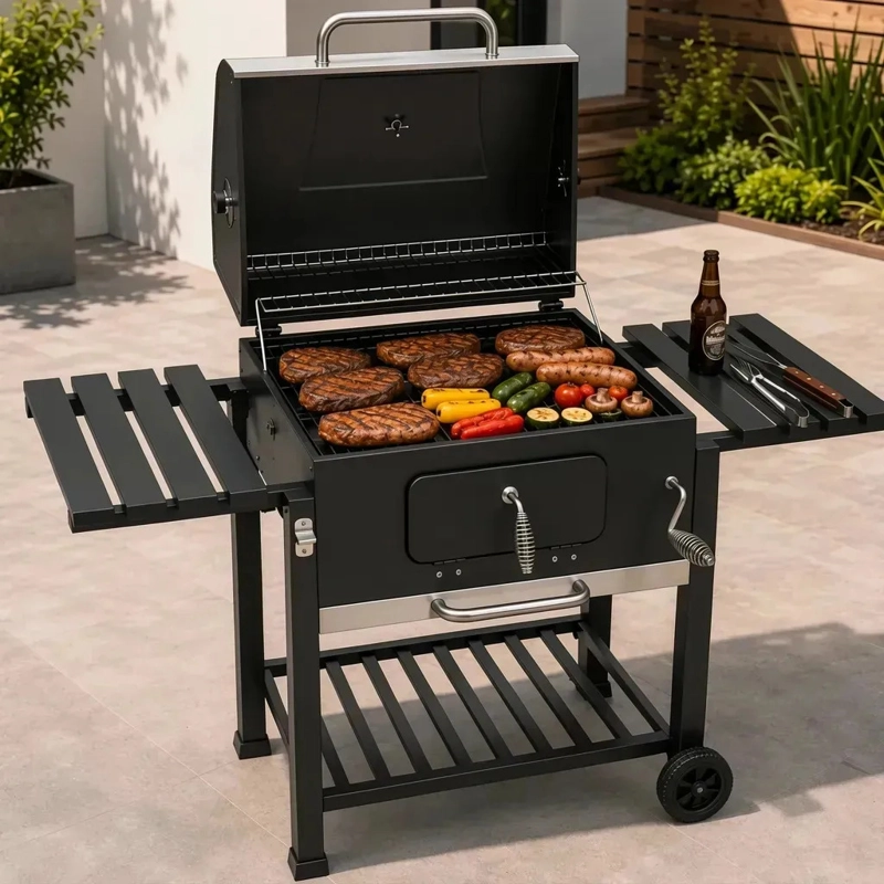 PARRILLA A CARBON ACERO QUINCHO TAPA RUEDAS Y DOBLE REPISA - 1