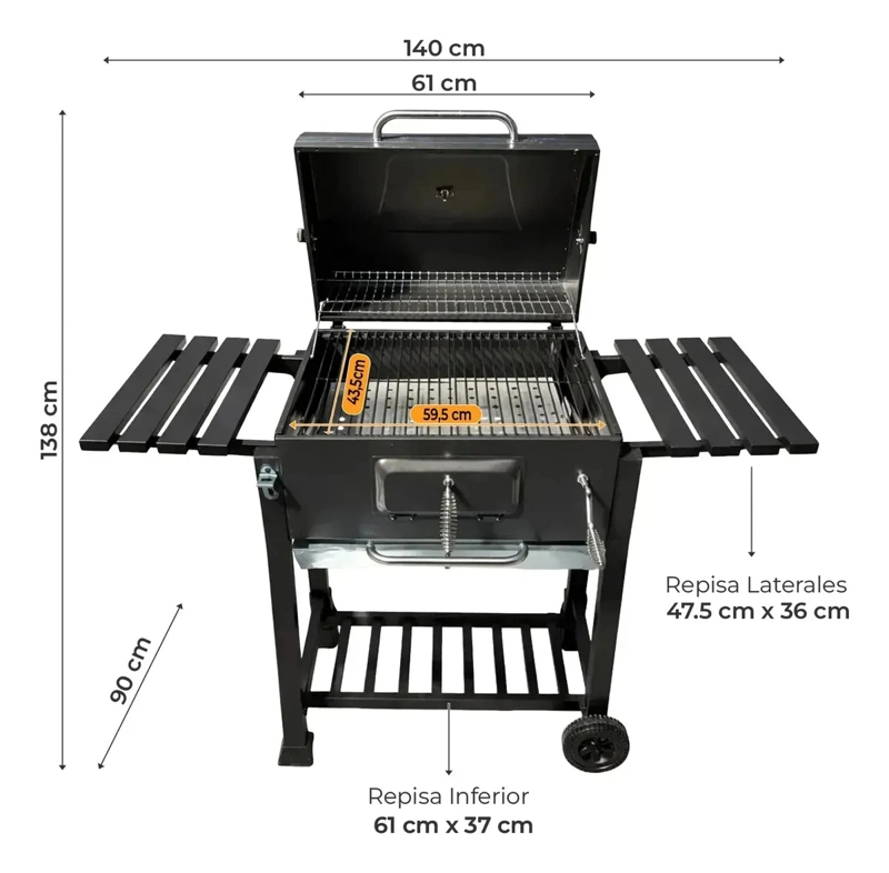 PARRILLA A CARBON ACERO QUINCHO TAPA RUEDAS Y DOBLE REPISA - 3