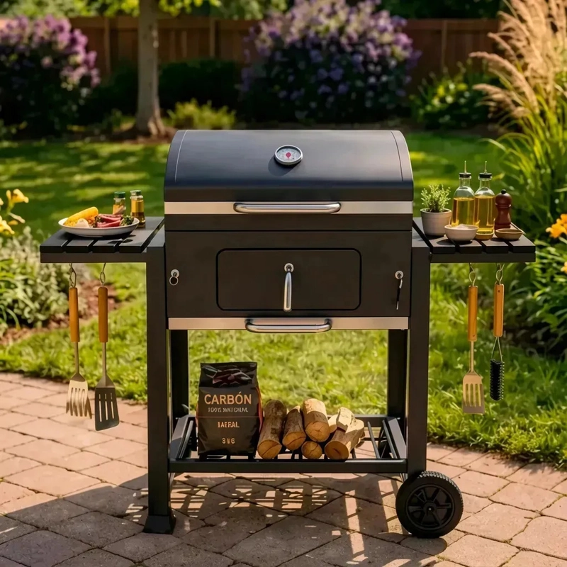 PARRILLA A CARBON ACERO QUINCHO TAPA RUEDAS Y DOBLE REPISA - 6