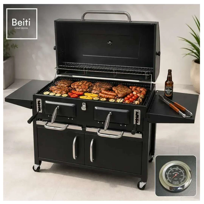 Parrilla A Carbon Con Tapa Premium De Acero Con 4 Ruedas Asados - 1