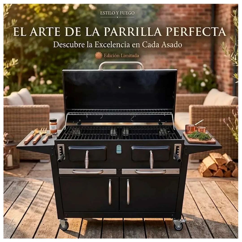 Parrilla A Carbon Con Tapa Premium De Acero Con 4 Ruedas Asados - 3