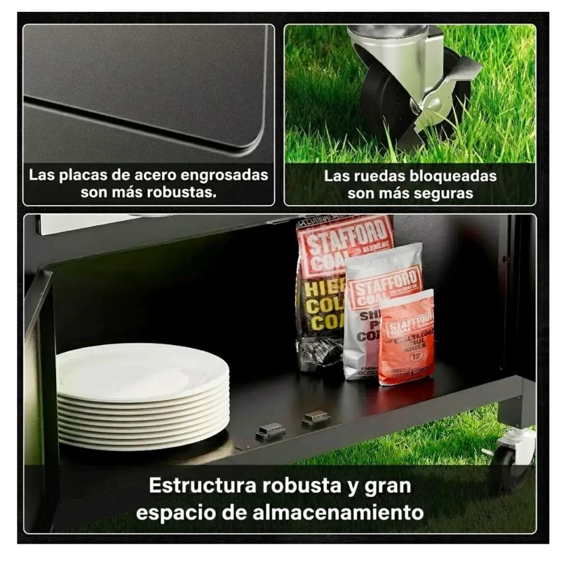Parrilla A Carbon Con Tapa Premium De Acero Con 4 Ruedas Asados - 7