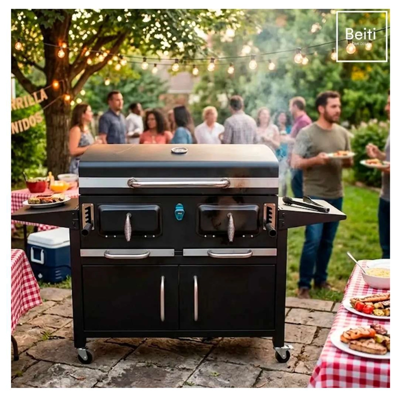 Parrilla A Carbon Con Tapa Premium De Acero Con 4 Ruedas Asados - 8