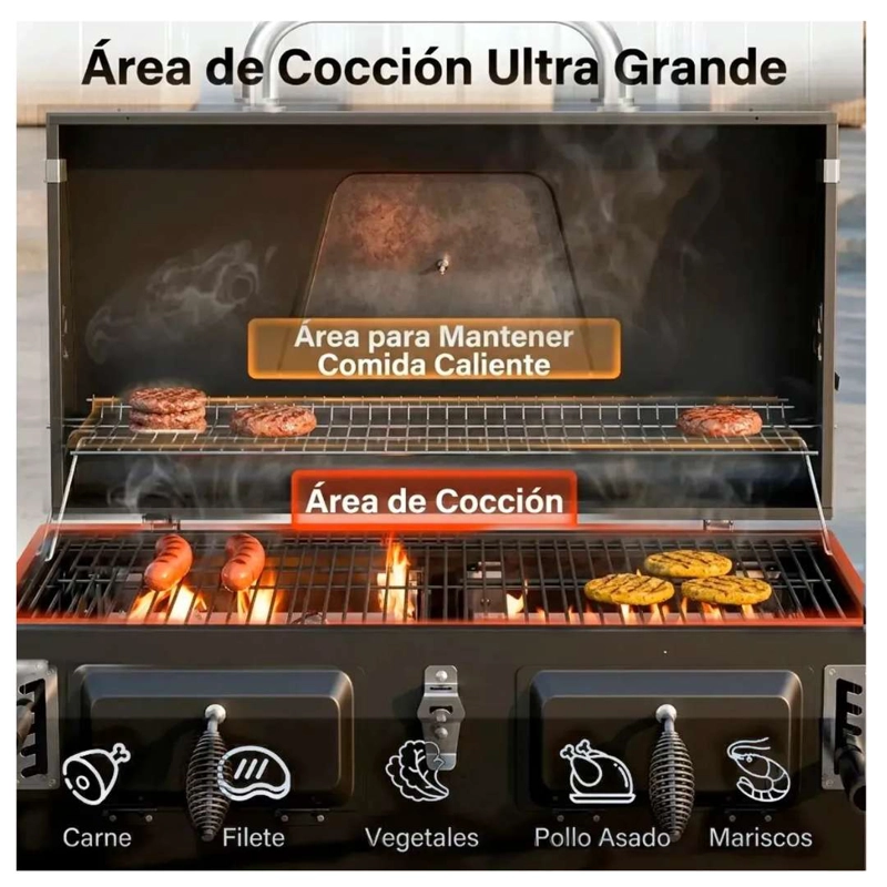 Parrilla A Carbon Con Tapa Premium De Acero Con 4 Ruedas Asados - 9