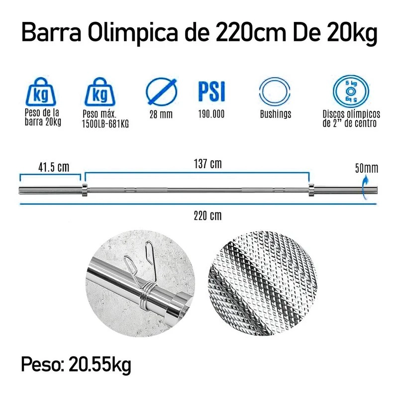 BARRA OLIMPICA PROFESIONAL DE COMPETICION 2.20M 20KG - 2