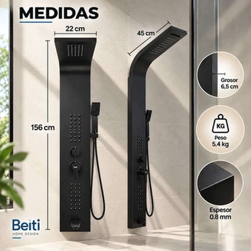 DUCHA COLUMNA PANEL 3 JETS 5 MODOS HIDROMASAJE TORRE NEGRA - 7