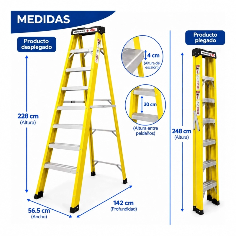 ESCALERA FIBRA DE VIDRIO INDUSTRIAL 2.4MTS 8 PELDAÑOS 150KG - 8