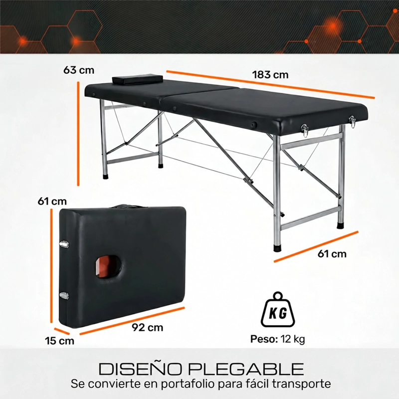 CAMILLA DE MASAJES PLEGABLE PROFESIONAL CAMA DE ACERO SOPORTA 200KG - 3