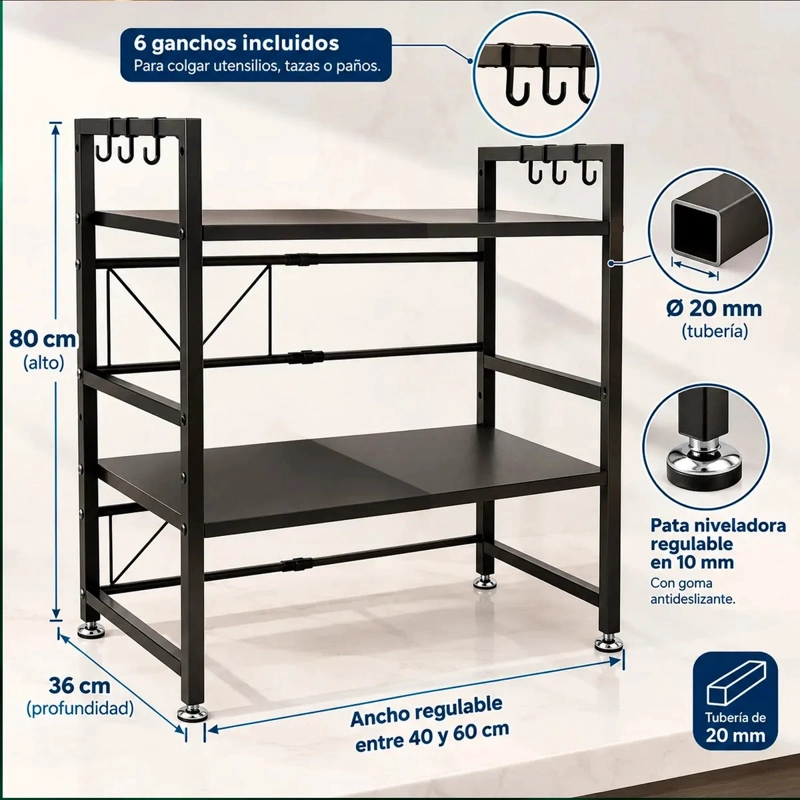 ESTANTE MICROONDAS EXTENSIBLE 2 NIVELES METALICO COCINA ORGANIZADOR - 2
