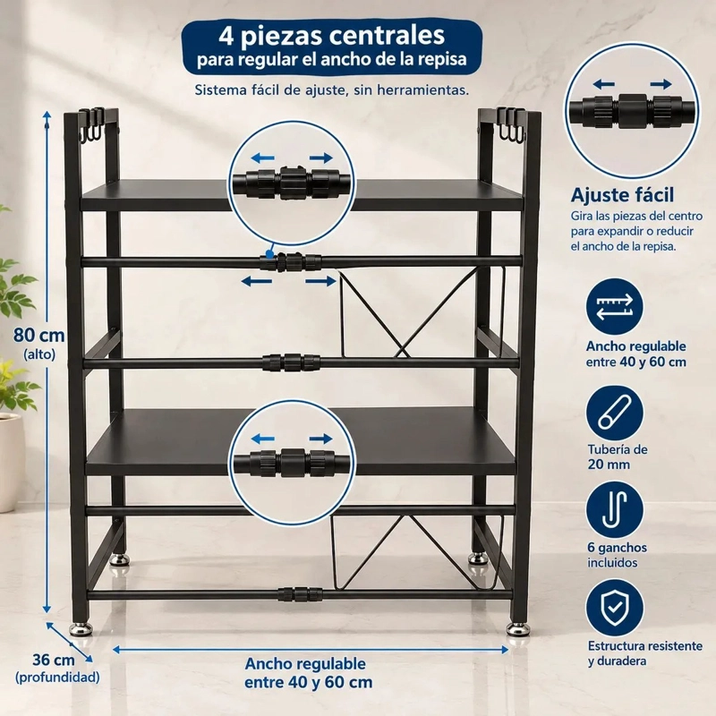ESTANTE MICROONDAS EXTENSIBLE 2 NIVELES METALICO COCINA ORGANIZADOR - 5