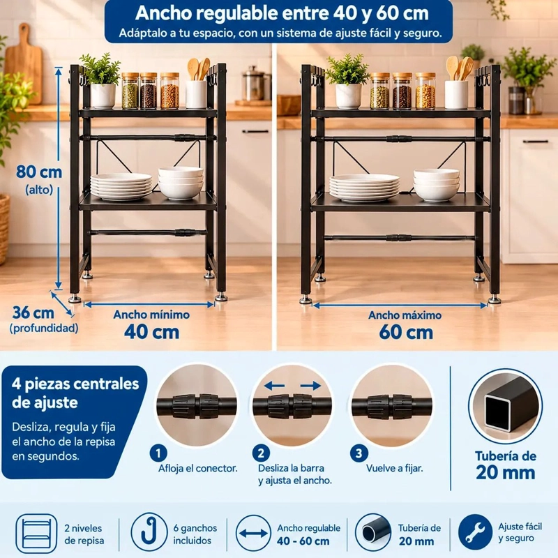 ESTANTE MICROONDAS EXTENSIBLE 2 NIVELES METALICO COCINA ORGANIZADOR - 6