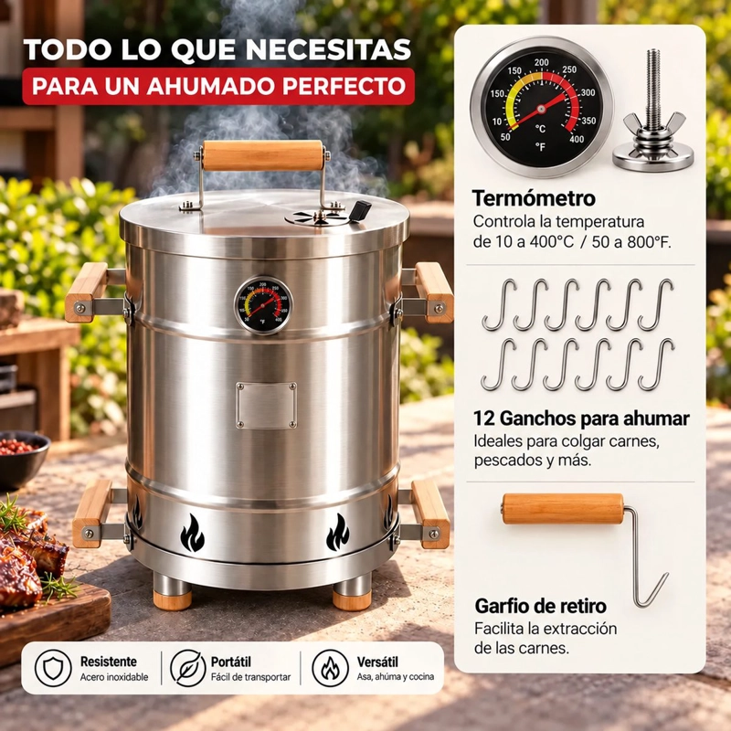 BARRIL AHUMADOR Y ASADOR PORTATIL GRANDE ACERO INOXIDABLE - 10