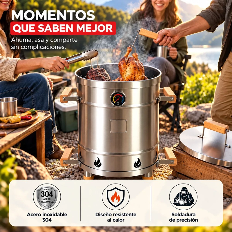 BARRIL AHUMADOR Y ASADOR PORTATIL GRANDE ACERO INOXIDABLE - 3