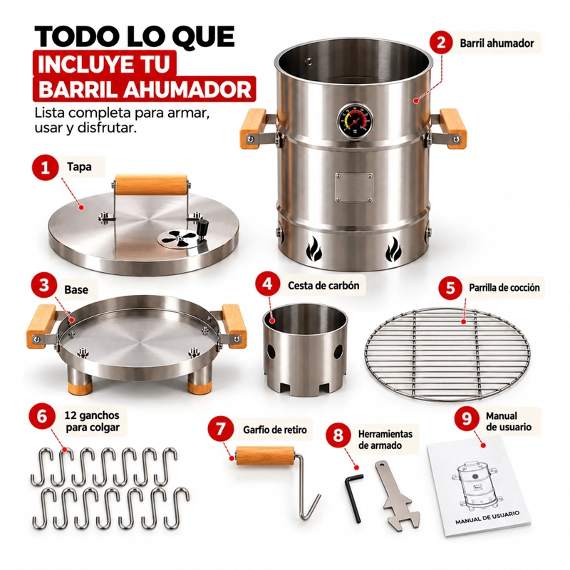 BARRIL AHUMADOR Y ASADOR PORTATIL GRANDE ACERO INOXIDABLE - 6