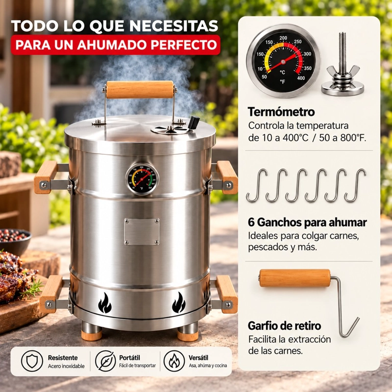BARRIL AHUMADOR Y ASADOR PORTATIL PARRILLA ACERO INOXIDABLE - 3