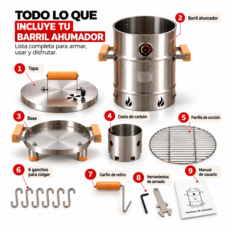 BARRIL AHUMADOR Y ASADOR PORTATIL PARRILLA ACERO INOXIDABLE - 7