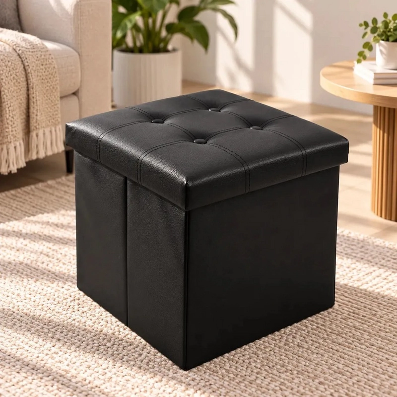PUFF BAUL SILLA ECOCUERO PLEGABLE ORGANIZADOR 38CM X 38CM NEGRO - 1