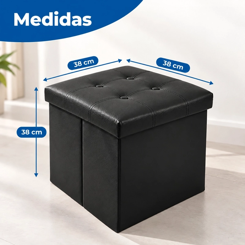PUFF BAUL SILLA ECOCUERO PLEGABLE ORGANIZADOR 38CM X 38CM NEGRO - 2