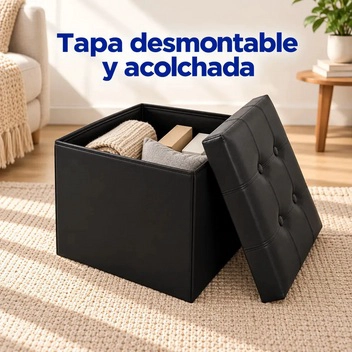 PUFF BAUL SILLA ECOCUERO PLEGABLE ORGANIZADOR 38CM X 38CM NEGRO - 3