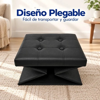 PUFF BAUL SILLA ECOCUERO PLEGABLE ORGANIZADOR 38CM X 38CM NEGRO - 4