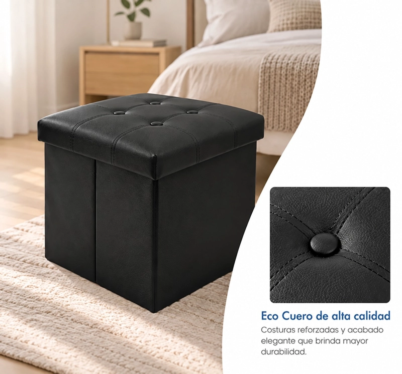 PUFF BAUL SILLA ECOCUERO PLEGABLE ORGANIZADOR 38CM X 38CM NEGRO - 5