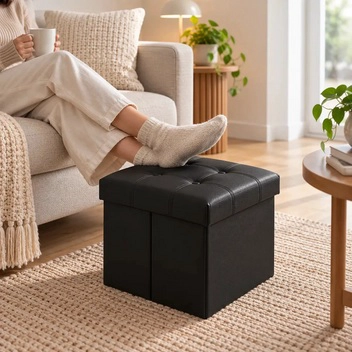 PUFF BAUL SILLA ECOCUERO PLEGABLE ORGANIZADOR 38CM X 38CM NEGRO - 6