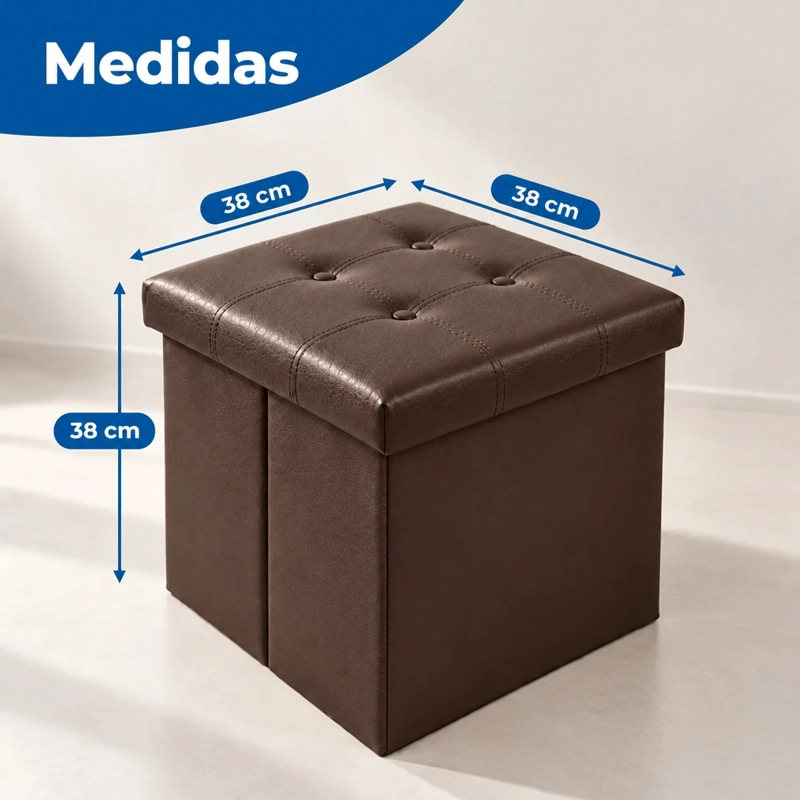 PUFF BAUL SILLA ECOCUERO PLEGABLE ORGANIZADOR 38CM X 38CM CAFE - 2