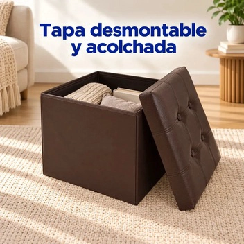 PUFF BAUL SILLA ECOCUERO PLEGABLE ORGANIZADOR 38CM X 38CM CAFE - 3