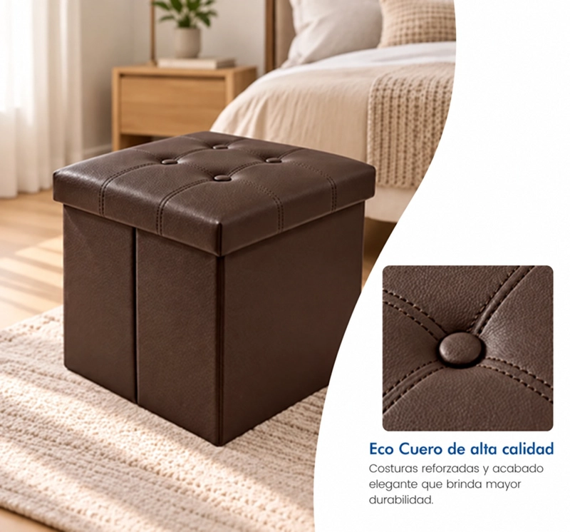 PUFF BAUL SILLA ECOCUERO PLEGABLE ORGANIZADOR 38CM X 38CM CAFE - 5