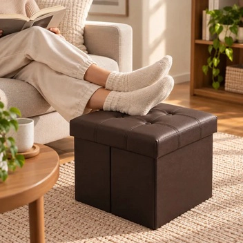 PUFF BAUL SILLA ECOCUERO PLEGABLE ORGANIZADOR 38CM X 38CM CAFE - 6