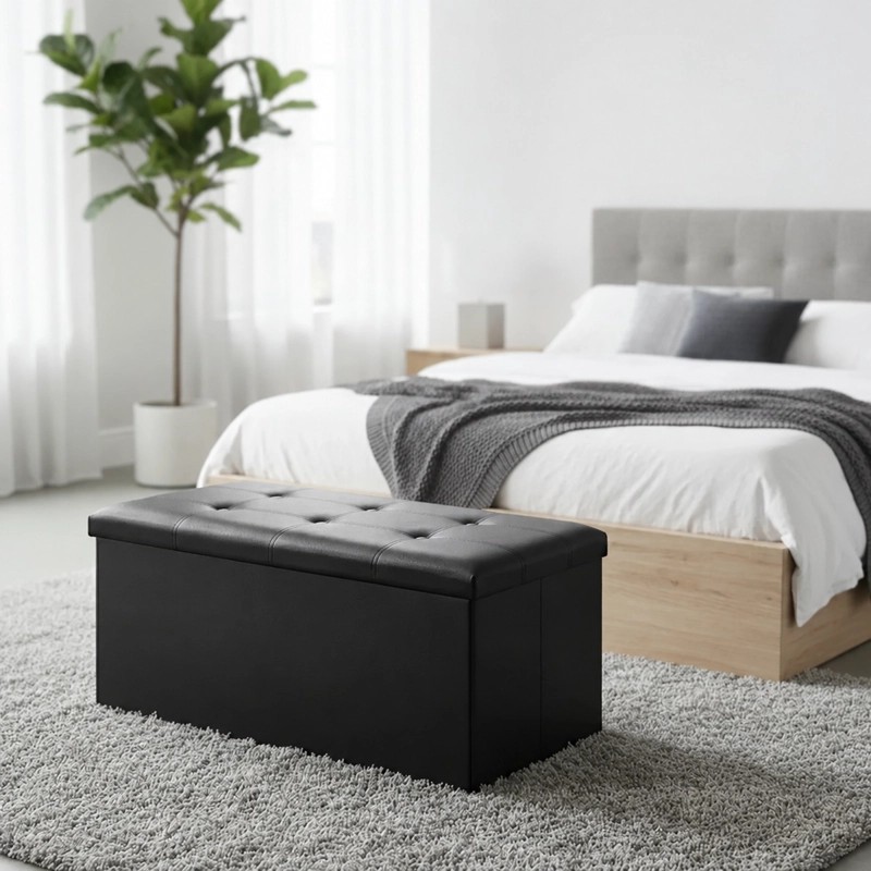 PUFF BAUL SILLA PLEGABLE ECOCUERO ORGANIZADOR 76X38X38 NEGRO - 1