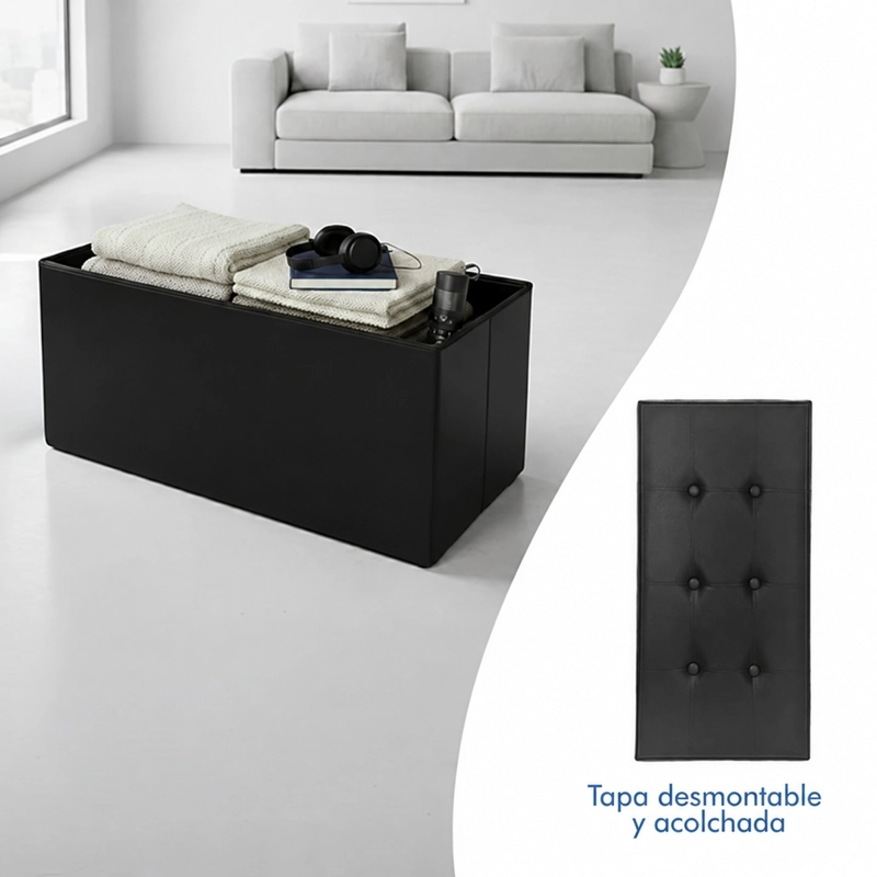PUFF BAUL SILLA PLEGABLE ECOCUERO ORGANIZADOR 76X38X38 NEGRO - 3