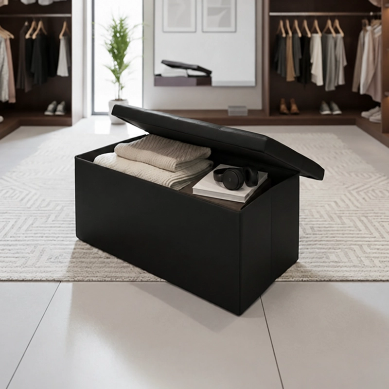 PUFF BAUL SILLA PLEGABLE ECOCUERO ORGANIZADOR 76X38X38 NEGRO - 5