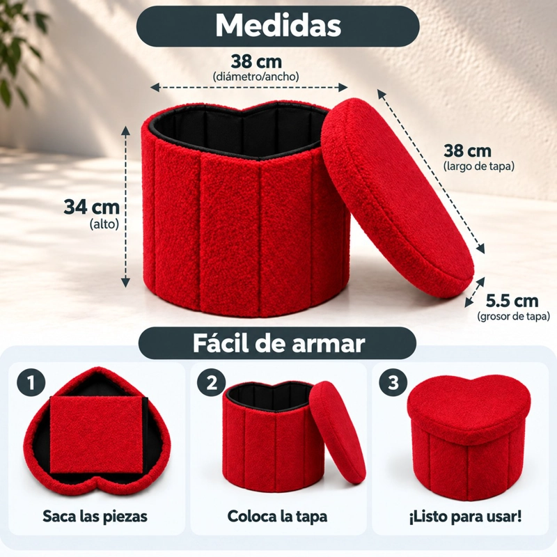 PUFF PLEGABLE BAUL ORGANIZADOR TIPO CORAZON 38X38CM ROJO - 2