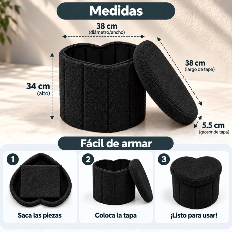 PUFF PLEGABLE BAUL ORGANIZADOR TIPO CORAZON 38X38CM NEGRO - 2