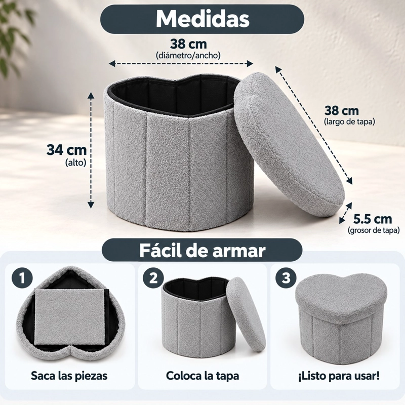 PUFF PLEGABLE BAUL ORGANIZADOR TIPO CORAZON 38X38CM GRIS - 2
