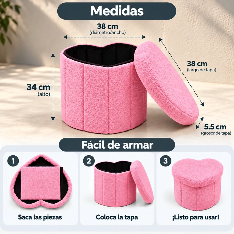 PUFF PLEGABLE BAUL ORGANIZADOR TIPO CORAZON 38X38CM ROSA - 2