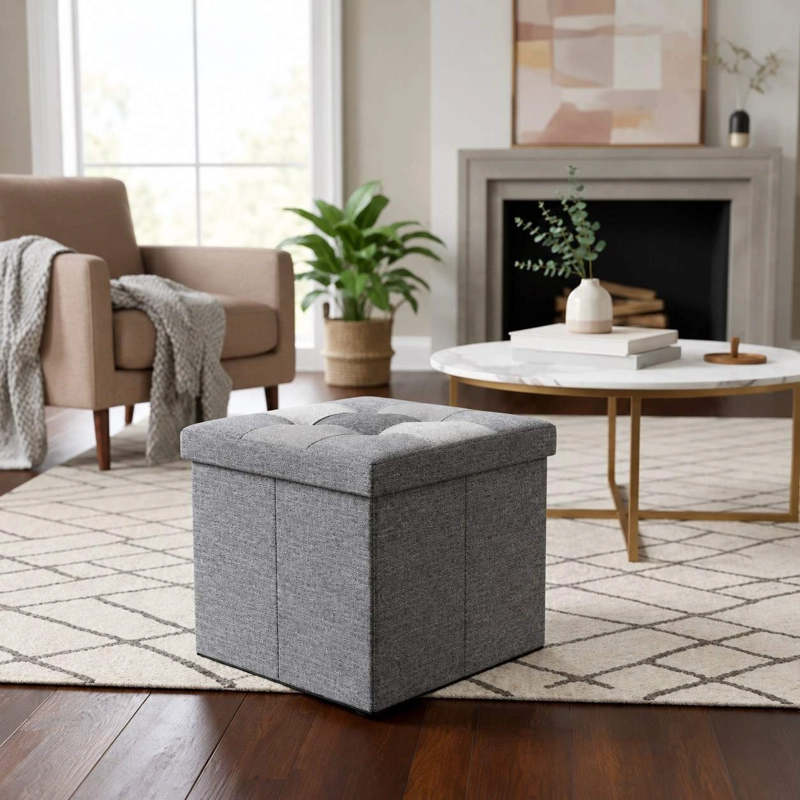 PUFF ORGANIZADOR BAUL PLEGABLE CUBO 38X38 TELA MIX GRIS - 6