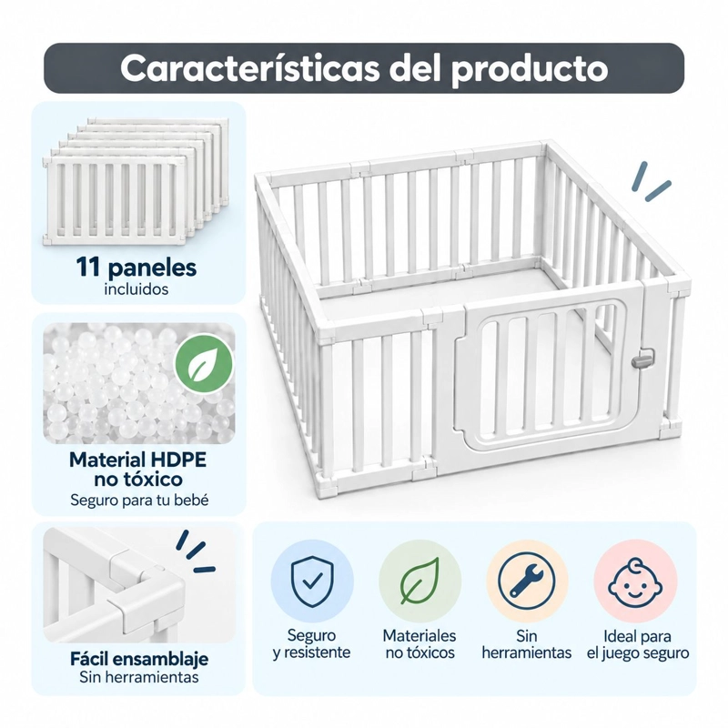 CORRAL PARA BEBE NIÑOS CON SEGURO ARMABLE 120X120CM BLANCO - 3