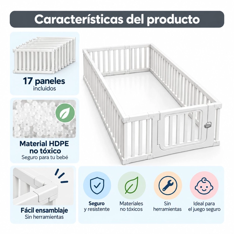 CORRAL PARA BEBE NIÑOS CON SEGURO ARMABLE DE 160X200CM BLANCO - 3