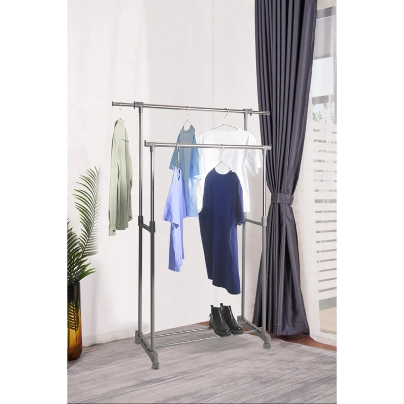 PERCHERO JUST HOME COLLECTION DOBLE BARRA CON RUEDAS GRIS - 2