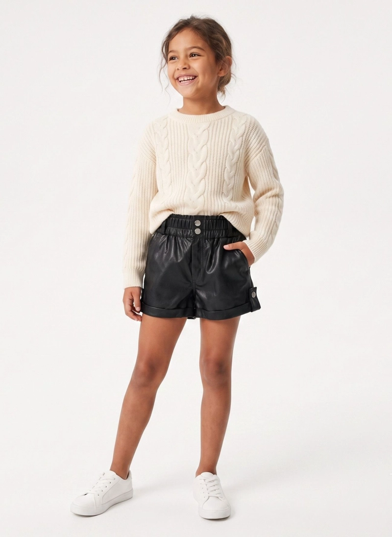 SHORT ECOCUERO NIÑA CUERINA EFECTO CUERO NEGRO MODA - 1