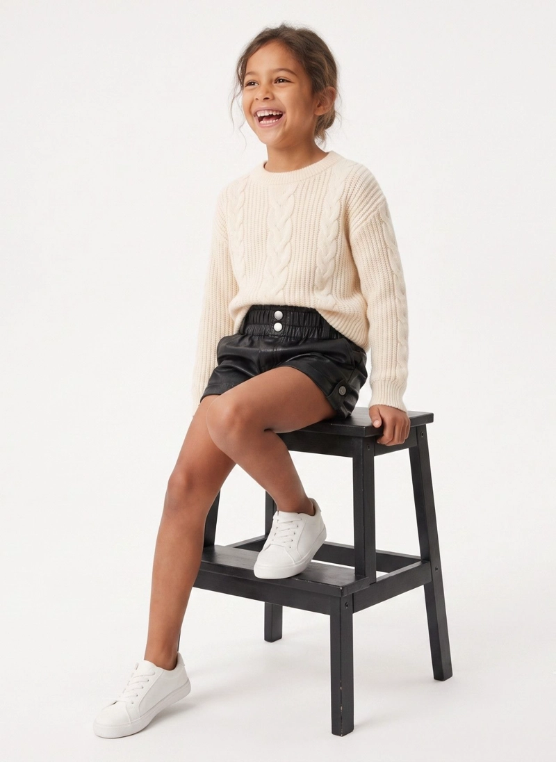 SHORT ECOCUERO NIÑA CUERINA EFECTO CUERO NEGRO MODA - 2