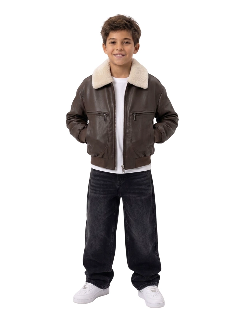 CHAQUETA OVERSIZE CAFE ECOCUERO Y CHIPORRO CALIDAD PREMIUM - 1