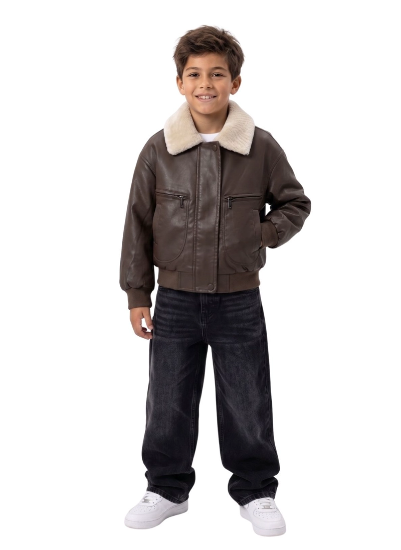 CHAQUETA OVERSIZE CAFE ECOCUERO Y CHIPORRO CALIDAD PREMIUM - 2