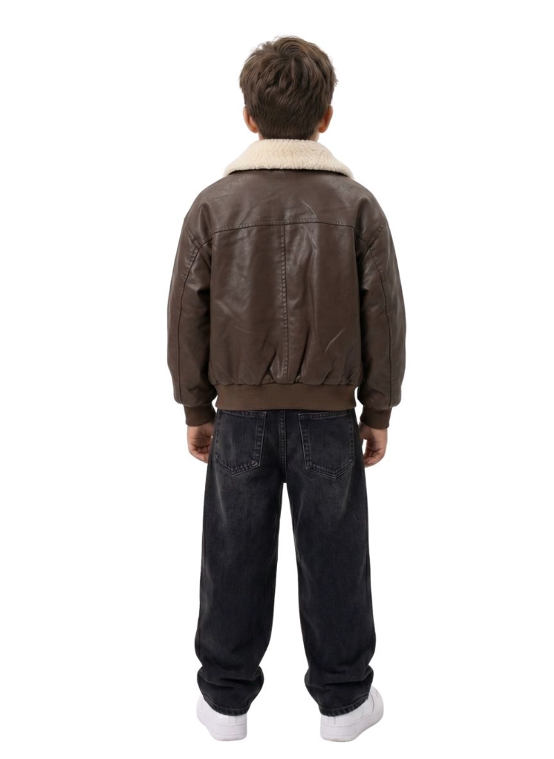 CHAQUETA OVERSIZE CAFE ECOCUERO Y CHIPORRO CALIDAD PREMIUM - 3