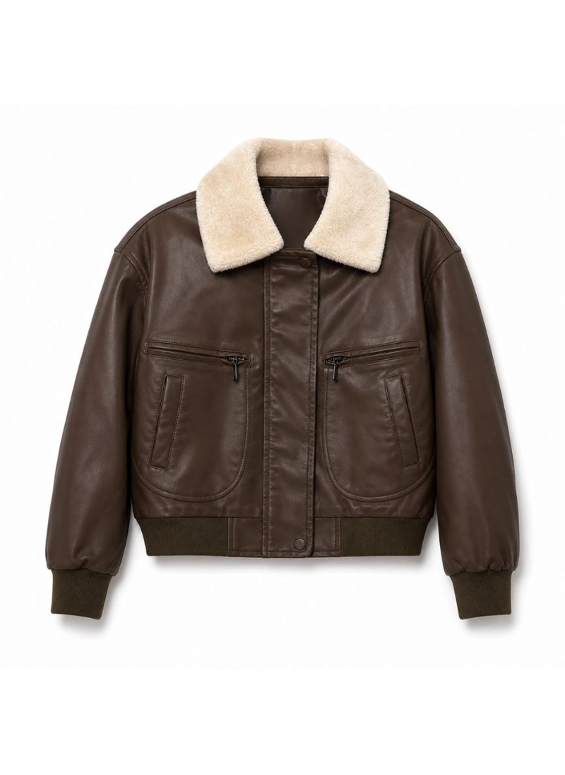 CHAQUETA OVERSIZE CAFE ECOCUERO Y CHIPORRO CALIDAD PREMIUM - 4