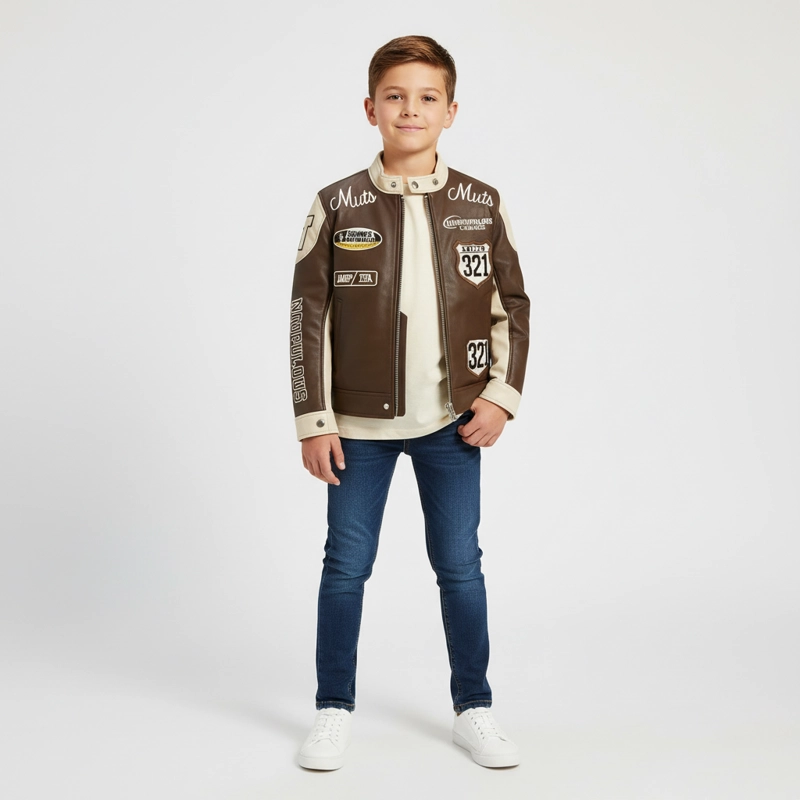 CHAQUETA INFANTIL VARSITY ECO CUERO MODELO RACING - 1