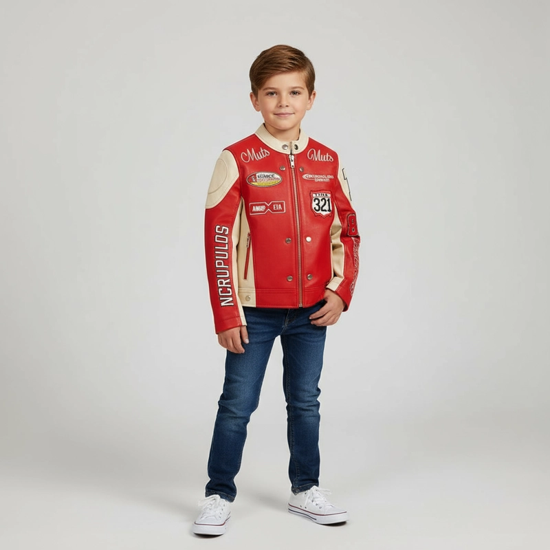 CHAQUETA INFANTIL VARSITY ECO CUERO MODELO RACING - 1